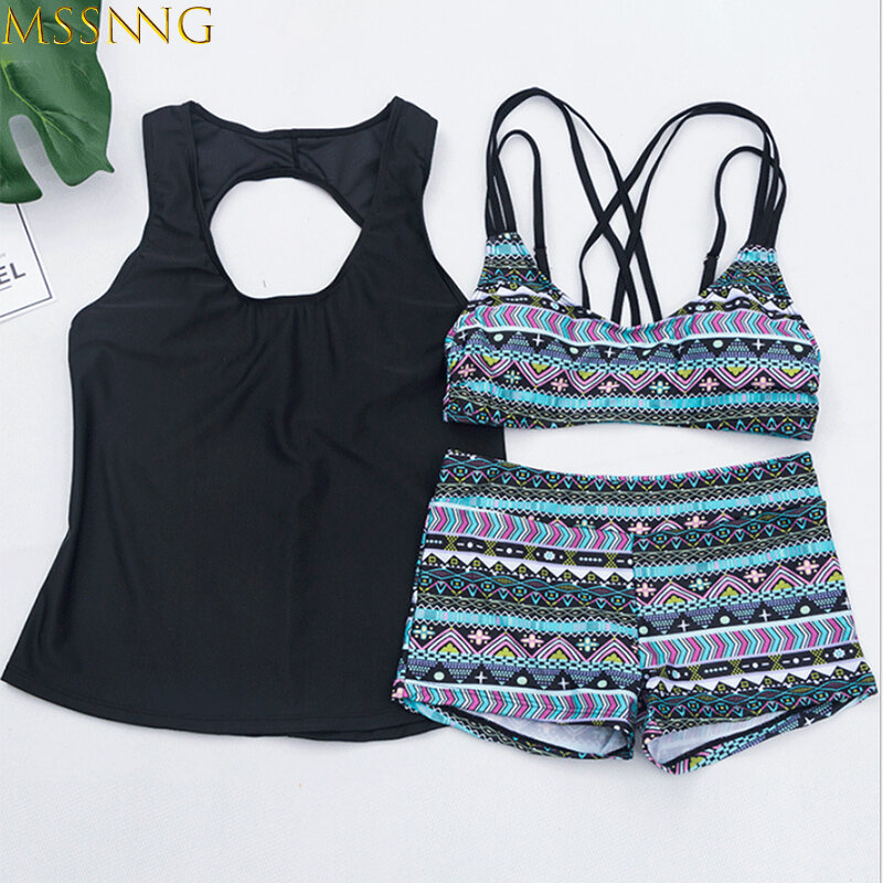 2019 Bikini Set Push Up Bademode Frauen Badeanzug Plus Size Bademode Floral Print Shorts 3 stück Schwimmen Badeanzüge