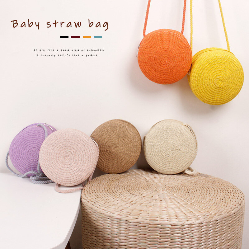 Little Girls Straw Woven Round Crossbody Bag Shoulder Bags Small Bag 9 colors