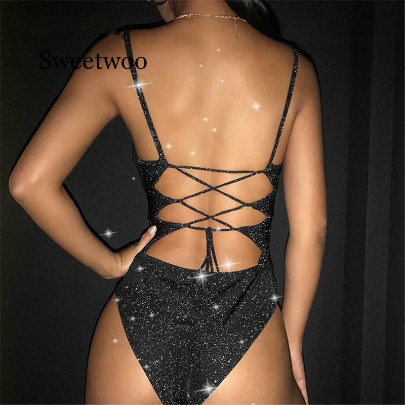 Bandage Backless Sexy Bodysuit Strap Bodycon Glitter Bodies Ladies Casual Black Woman Body Top Party Club Summer 2020