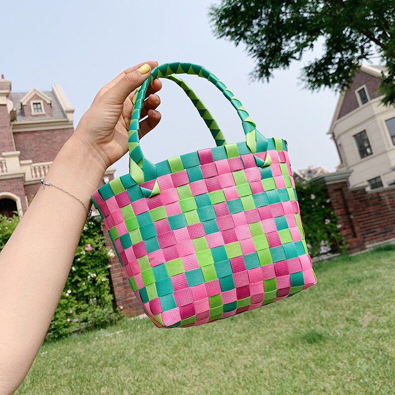 Saco de cesta de vegetais de cor de verão, piquenique verde, retro francês tecido à mão, saco de mão bonito, mini cesta