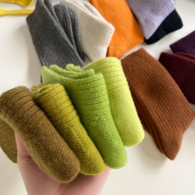 CHAOZHU Thicken Warm Merino Wool Classic Solid Colors Rib Socks Women High Quality Loose Crew Fashion Japanese Korea Sock Winter