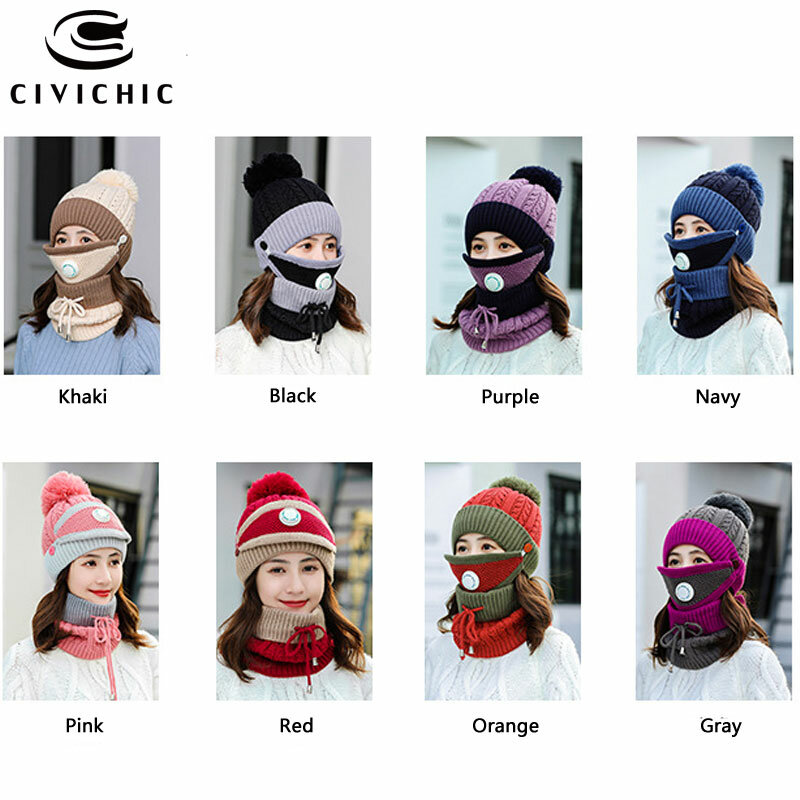 CIVICHIC Masker Syal Topi Rajut Musim Dingin Wanita Fashion Populer 3 Set Beanie Pompon Tebal Setelan Hangat Topi Bulu Penghangat Leher SH123