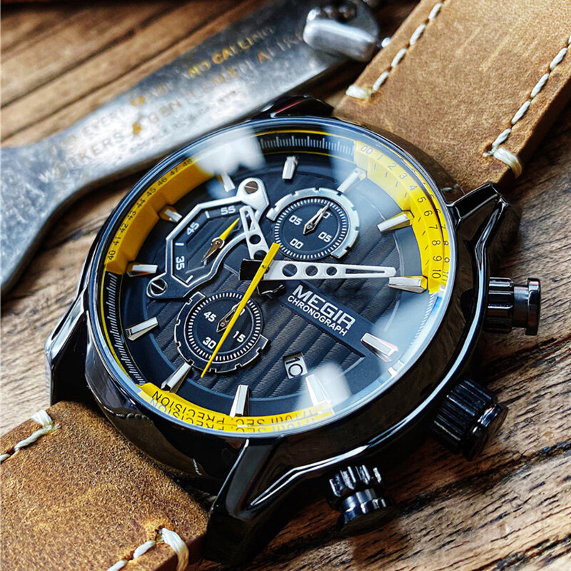 MEGIR – montre-bracelet en cuir véritable pour homme, marque de luxe, bleu, militaire, mode, chronographe