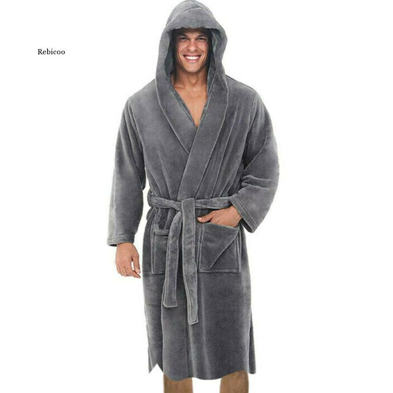 Mannen Solid Hooded Badjas Handdoek Soft Gown Midi Gewaad Lounge Wear Winter