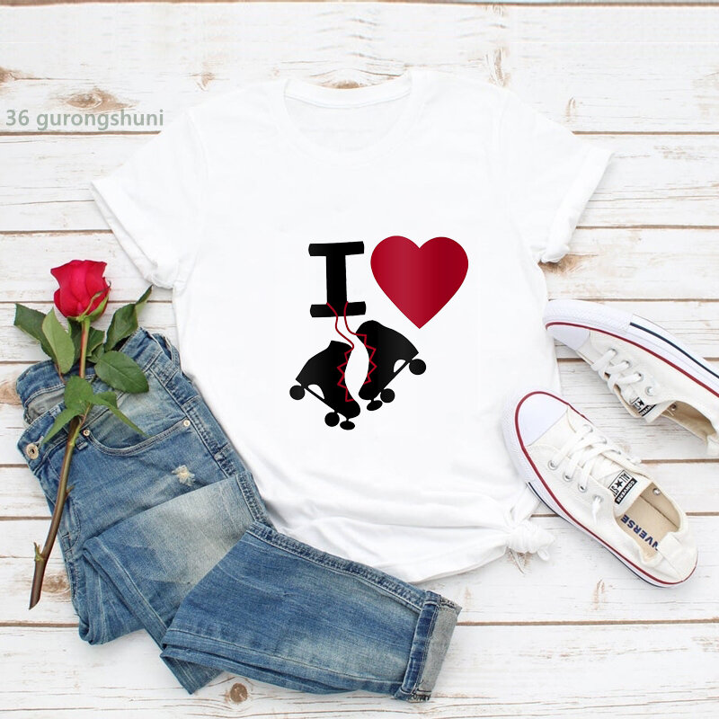 Женская футболка, модная женская футболка с графическим принтом «I Love ролики», летняя женская футболка в стиле Харадзюку, хип-хоп, женская футболка, топы