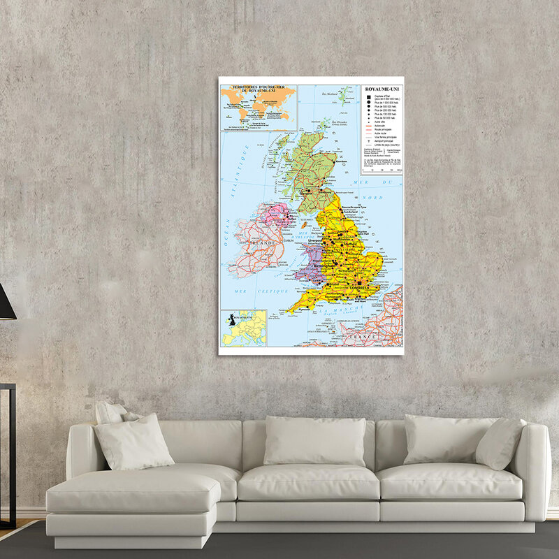 100*150 см Соединенного Королевства политическая карта движения на французском языке постер на стену винил холст для живописи школьные принадлежности, домашний декор