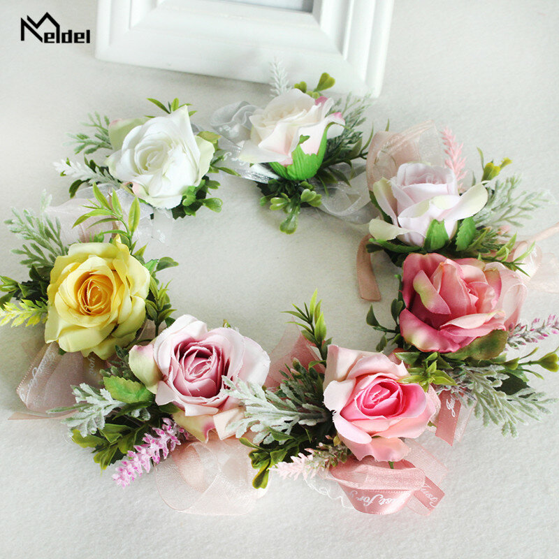 Meldel Wedding Corsages and Boutonnieres Silk Roses Red Bridesmaids Corsage Bracelet Wedding Groom Boutonniere Buttonhole Flower
