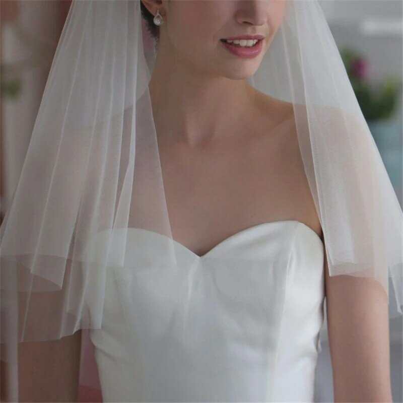 Véu de noiva com duas camadas, acessório de casamento branco marfim, curto, de tule