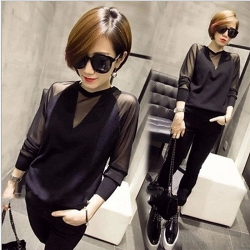 Women Sexy Blouse Knitted Mesh Patchwork Tops Shirts Women Spring Pullovers Knitted Slim Black
