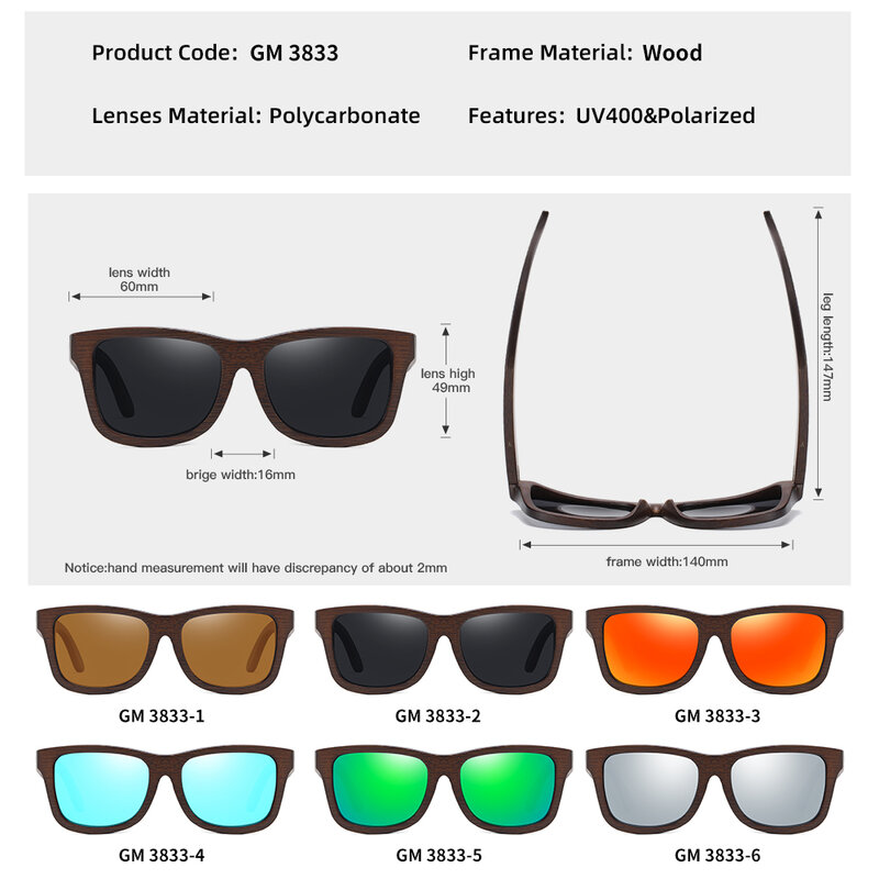GM 천연 대나무 나무 선글라스, 수제 편광 안경, 거울 코팅 렌즈 안경, 선물 상자 포함