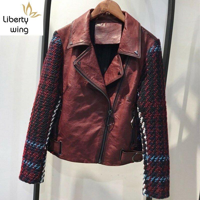 Moda z najwyższej półki marki prawdziwe łączone kurtki damskie płaszcze z owczej skóry prawdziwej skóry silnika kurtki motocyklowe Zipper płaszcze