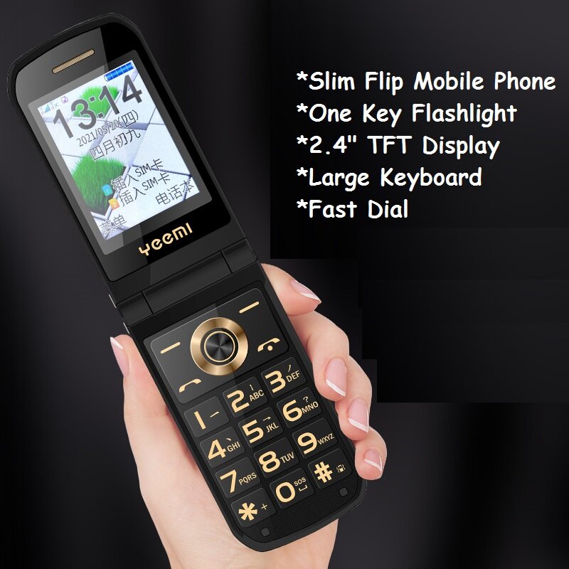 Flip Senior Slim Metal Mobile Feature Phone, Botão grande Estilo Clamshell, Chamada SOS, Chave Russa de Discagem Rápida, Tocha Câmera LED, 2G GSM