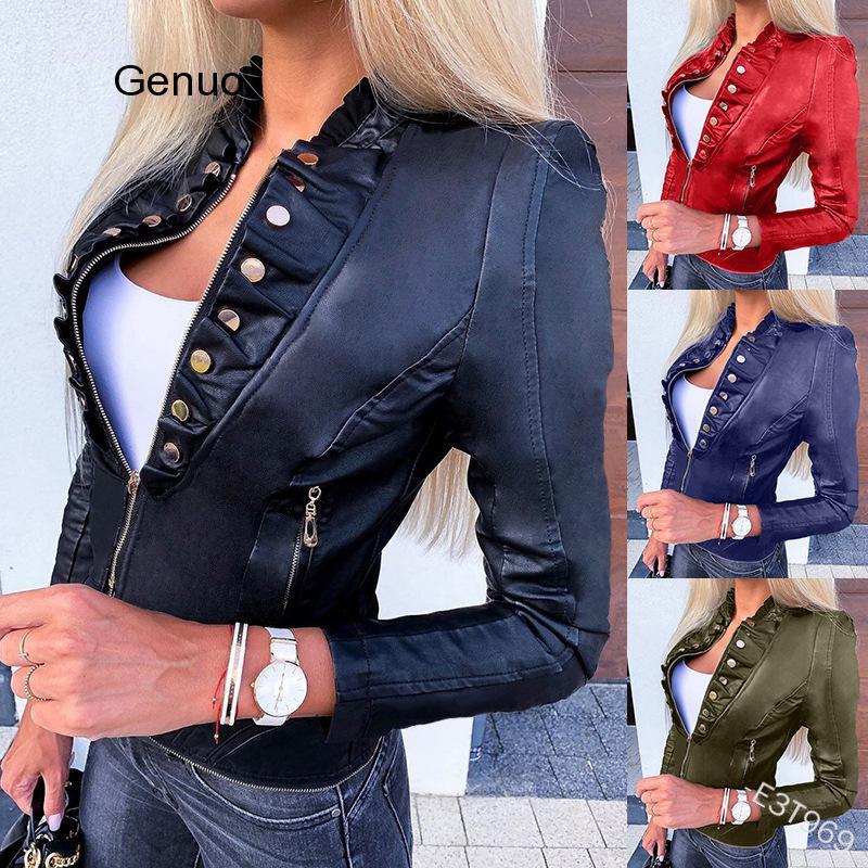 Jaqueta curta de couro artificial para motocicleta, jaqueta curta com zíper e bolsos de botão feminina casual