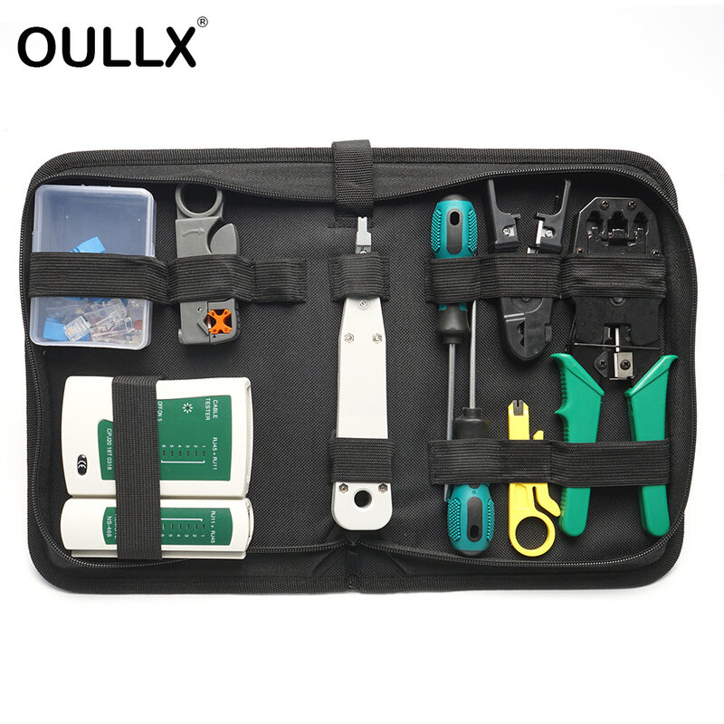 OULLX-Kit de herramientas de reparación de red Lan, alicates de prensado RJ45, portátil, probador de Cable y pinza de crimpado