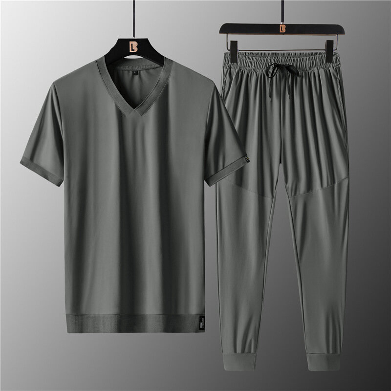 Ternos esportivos para homens verão de alta qualidade gelo seda com decote em v manga curta camiseta define roupas masculinas de secagem rápida fina