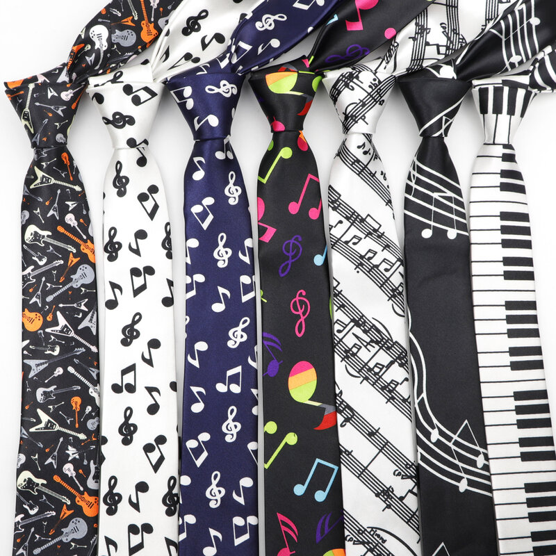 คลาสสิกแฟชั่นผู้ชายSkinny Tieโน้ตดนตรีที่มีสีสันพิมพ์เปียโนกีตาร์โพลีเอสเตอร์ 5 ซม.ความกว้างเนคไทปาร์ตี้ของขวัญอุปกรณ์เสริม