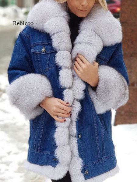 Jaket Bulu Parka Denim Wanita Musim Dingin Jaket Wanita Mantel Bulu Rubah Tebal Bulu Hangat Jaket Bulu Parka 5Xl
