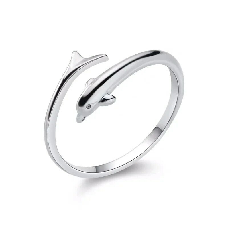 Real 925 Sterling Silver Geometric Black Enamel fish tail Adjustable Ring Minimalist Fine Jewelry For Women Party Gift