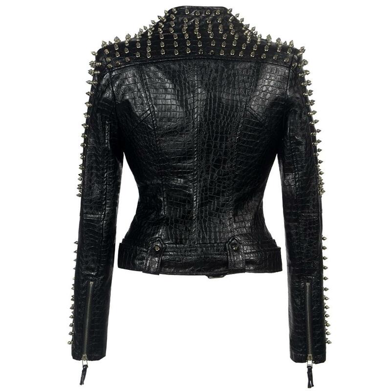 Chaqueta de cuero sintético con remaches para mujer, abrigo corto con cinturón y cremallera, patrón bordado, negro, Punk, ajustado, otoño