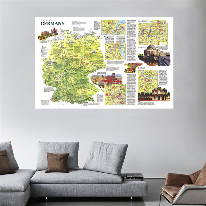 Póster Vintage de mapa de viaje de Alemania, lienzo no tejido, pintura de pared, arte, imagen, decoración del hogar, suministros escolares, 225x150cm, 1991