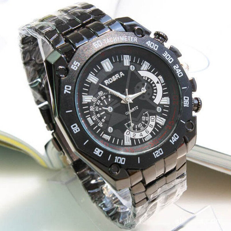 Rosra relógios masculinos relógios de aço inoxidável preto relógio masculino relógios de quartzo relogio masculino mannen horloge