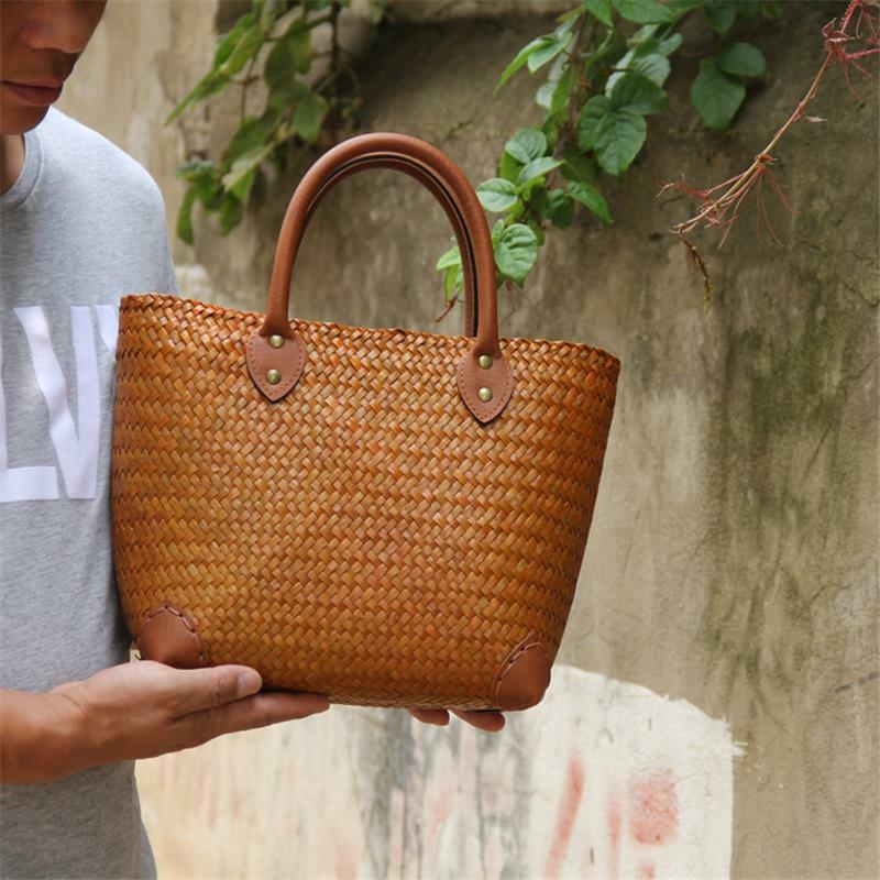 Соломенная Сумка из ротанга, 29x21 см, Плетеная соломенная сумка в стиле ретро, оригинальная женская сумка-ведро для отпуска a6104