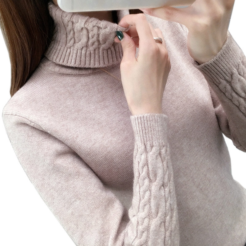 Sweter damski swetry z golfem jesienno-zimowe swetry nowe 2023 długie rękawy grube ciepłe kobiecy sweter Khaki