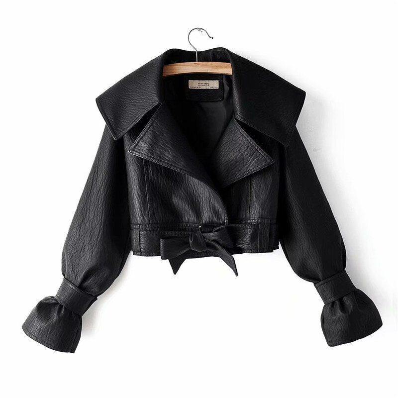 2023 Autumn Women Pu Leather Jackets Short Coat Turndown Collar Belt Lace-up Motorcycle Black Punk Red Overcoat Female Outwear
