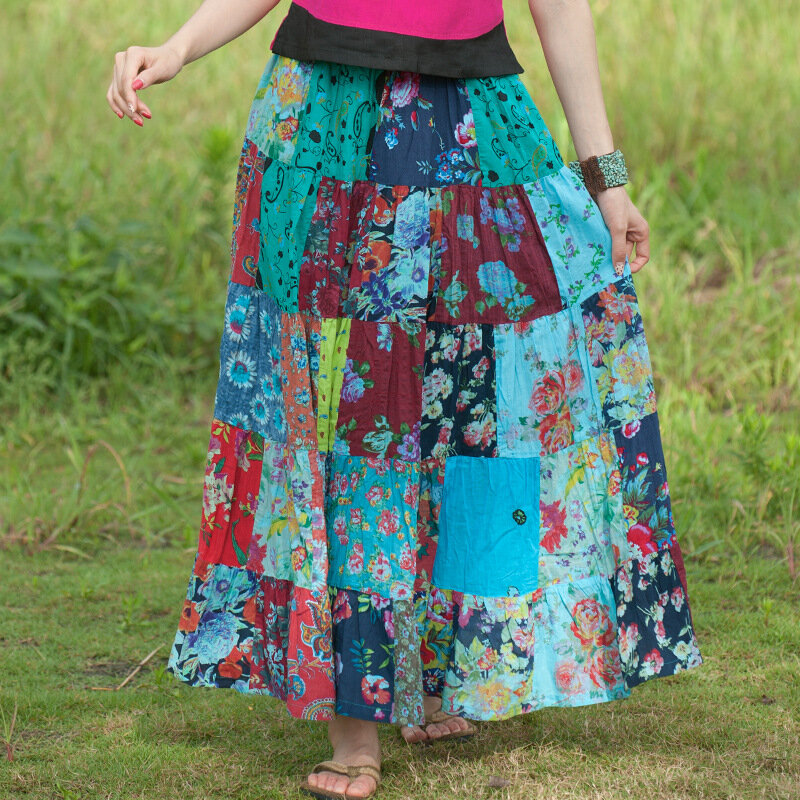 Bohemian Printed Skirt Holiday Beach Skirt Travel Long Skirts Ethnic Splicing Skirt Skirts Womens 2021