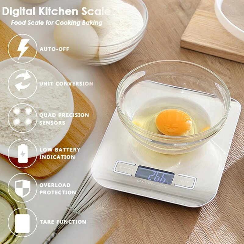 Cyfrowa kuchenna waga, wyświetlacz LCD 1g/0.1oz precyzyjna waga do żywności ze stali nierdzewnej na gotowanie pieczenia wagi elektroniczne