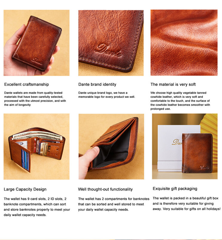 Dante skórzany portfel męski RFID szczotka antykradzieżowa warstwa skóry wołowej Retro dorywczo pionowy wielofunkcyjny portfel pieniądze klipy
