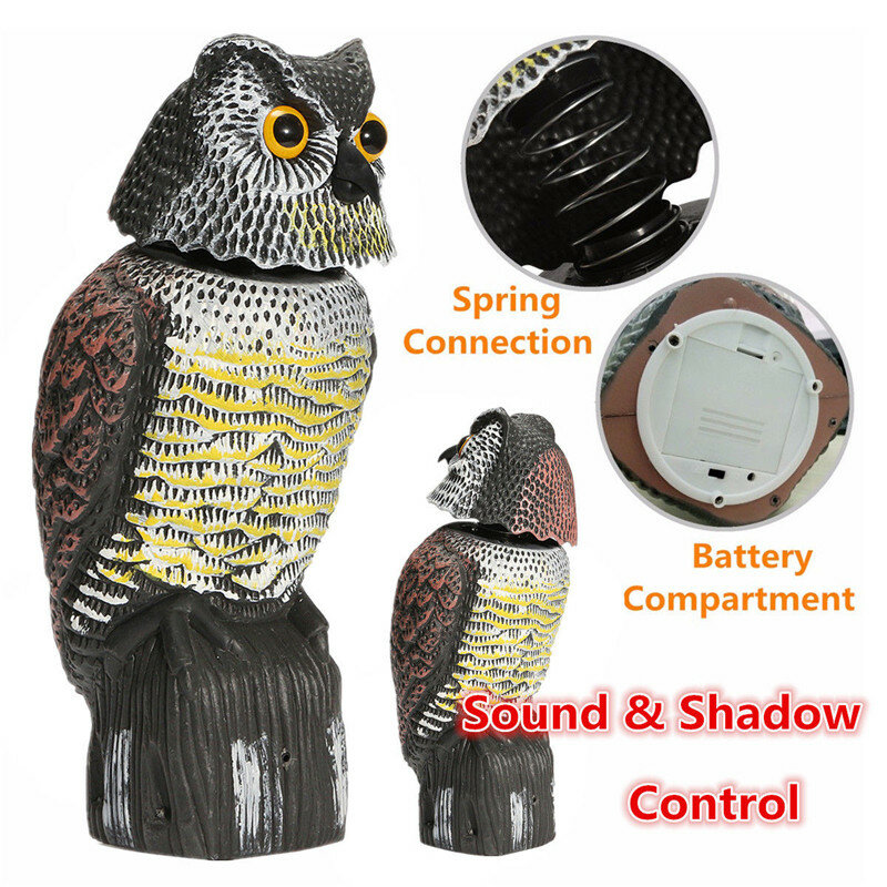 Realista pássaro scarer rotação cabeça som coruja prowler chamariz proteção repelente controle de pragas espantalho jardim quintal mover