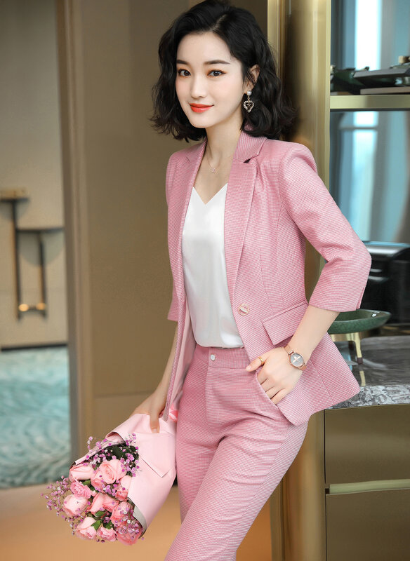 Profesional Memakai Houndstooth Suit Perempuan 2020 Musim Gugur Baru Elegan Dewi Segar Pertengahan Lengan Kecil Blazer Overall Celana Pakaian