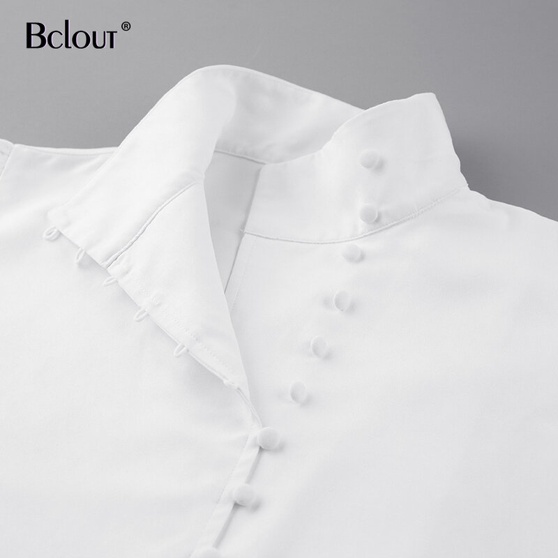 Bcolut Office 퍼프 슬리브 화이트 여성 블라우스 긴 소매 스탠드 칼라 셔츠 가을 겨울 Streetwear 탑 워크웨어 레이디 2020