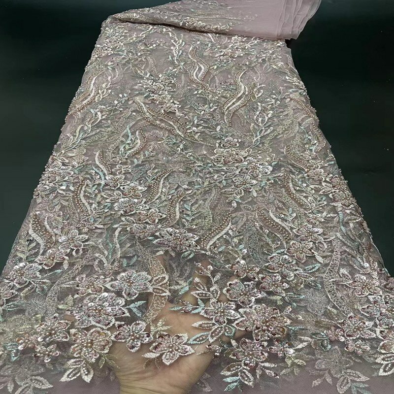Najwyższa jakość luksusowa nigeryjska koronkowa tkanina afrykańska ręcznie robione koraliki koronkowa francuska haftowana tkanina 5 jardów na imprezę TS9479