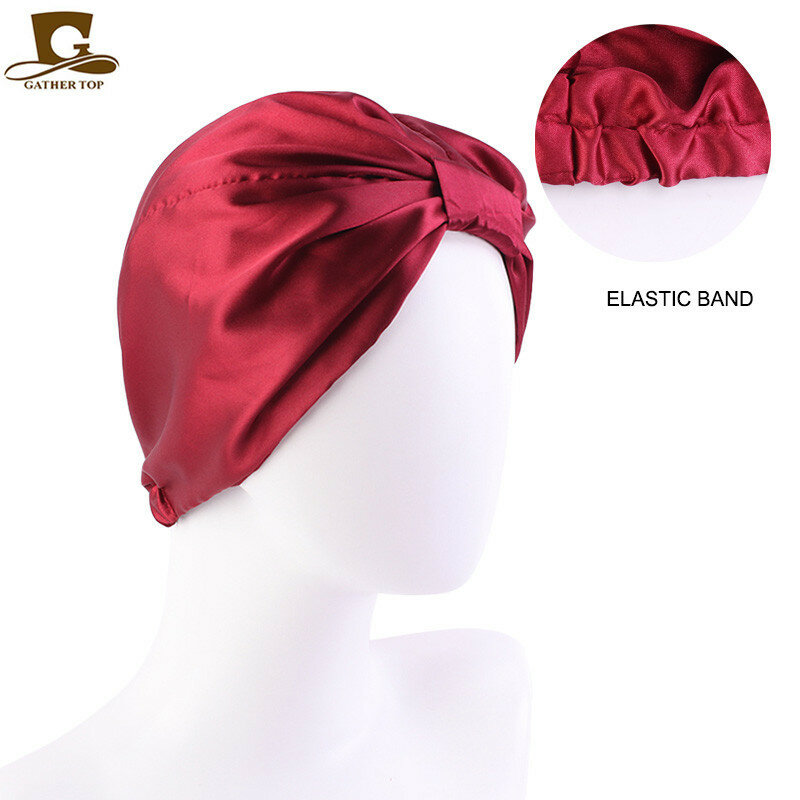New Satin Silk Sleeping Bonnet Caps For Women Silky Headcover Double Layer Knotted Headband Caps Chemo Cancer Nursing Headwrap