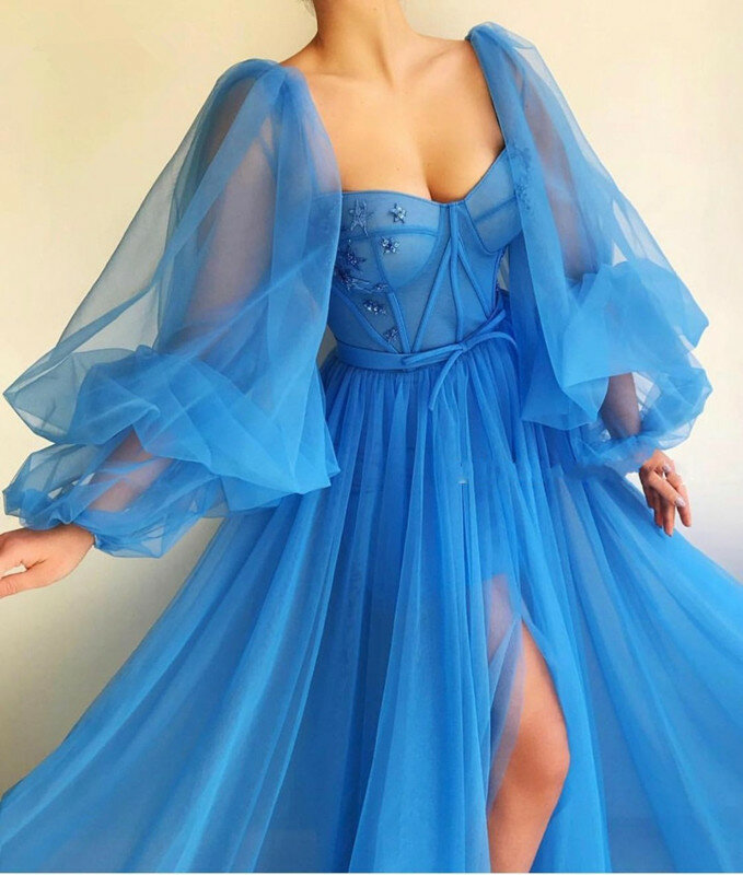 MYYBLE-블루 무도회 드레스, 긴 푹신한 소매 튤, 등이없는 공식적인 이브닝 파티 가운, 아름다운 미인 대회 드레스, 2021 맞춤 제작