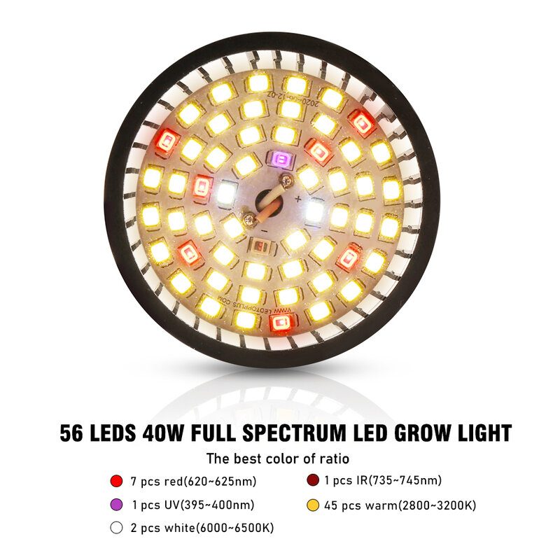 Full Spectrum Grow LED Light, Lâmpada para cultivo de hidroponia, Flores, Plantas de Interior, Iluminação de Crescimento, E27, 56 Pcs