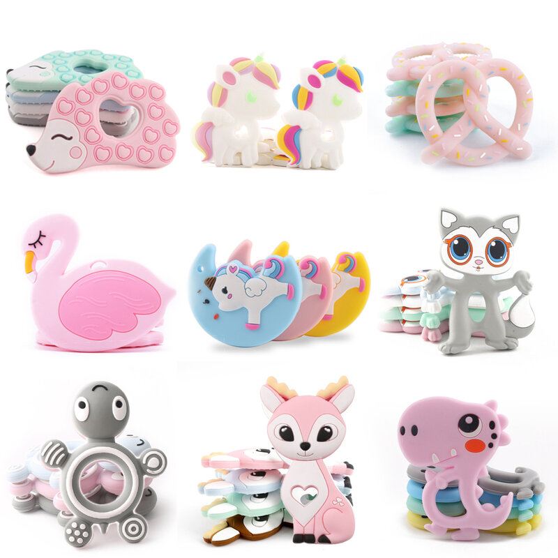 BPA Free Silicone Teethers Food Grade Tiny Rod DIY Teething Necklace Baby Shower Gifts Cartoon Animals Teether Let's Make 1pc