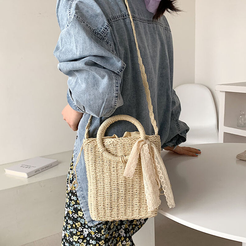 Summer Casual Small Bow Straw Shoulder Bags For Women Fashion Woven Beach Square Top-handle Handbags Ladies Daily Crossbody Bags