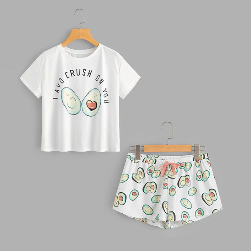 Lato Avocado Cartoon zestaw piżamy drukuj koszulka z krótkim rękawem i spodenki zestaw do spania 2019 kobieta strój domowy codzienny zestaw
