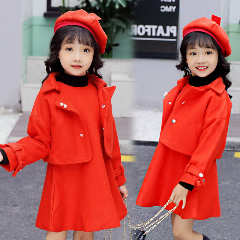 Girls Suit Coat+Dress +Hat Cotton 3Pcs/Sets 2021 Warm Winter Autumn Thicken Teenager Warm Kid Outdoor Children Clothing