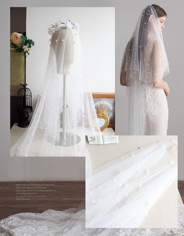 V003-véu de noiva europeu e americano, veludo com contas de pérola, tule, camada dupla, comprimento do quadril, ornamento para casamento, com pente