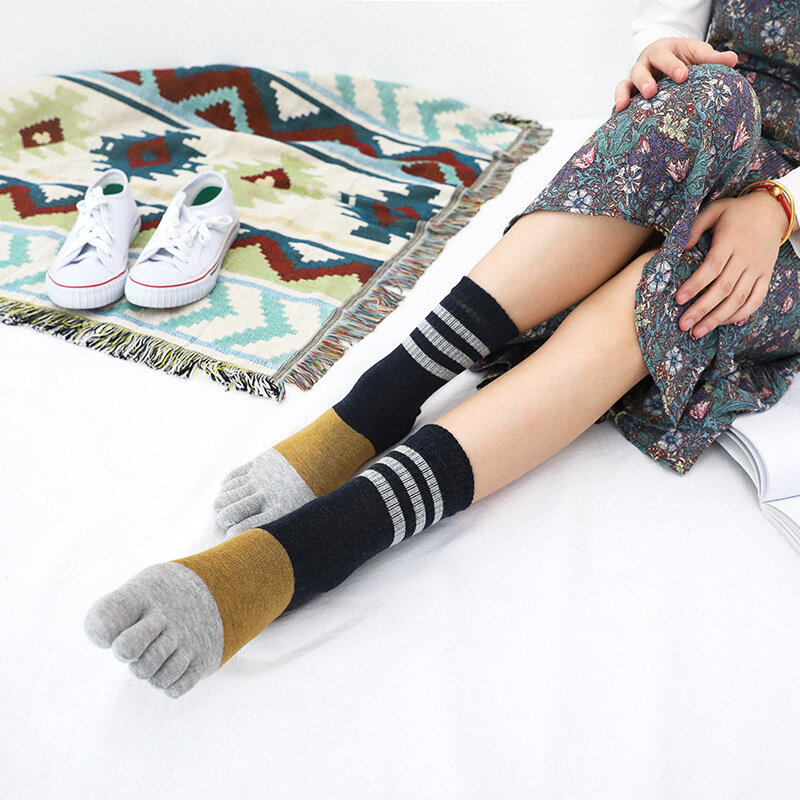 Calcetines de algodón con cinco dedos para mujer, medias con rayas, estilo Harajuku, Hipster, Kawaii, divertido