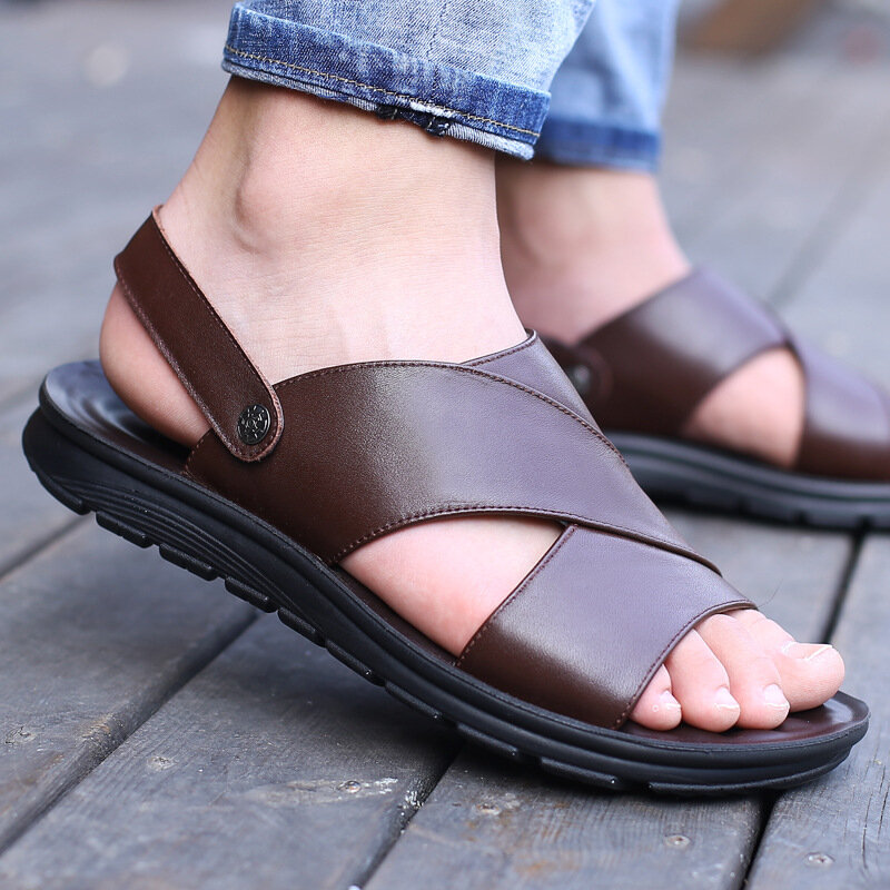 Sandalias de piel sintética antideslizantes para hombre, zapatillas de playa con plataforma, zapatos de goma, color negro, envío directo, f458