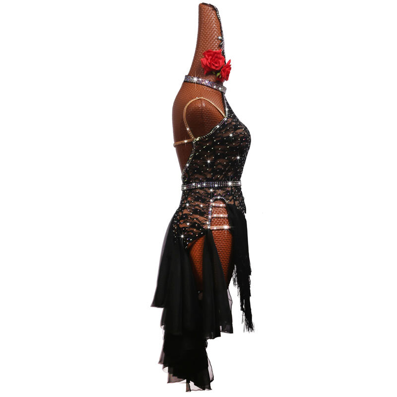 Nieuwe Latin Dans Jurk Concurrentie Jurk Kostuums Rok Uitvoeren Jurk Aanpassen Size Black Lace Uitgeholde Chinese Hals