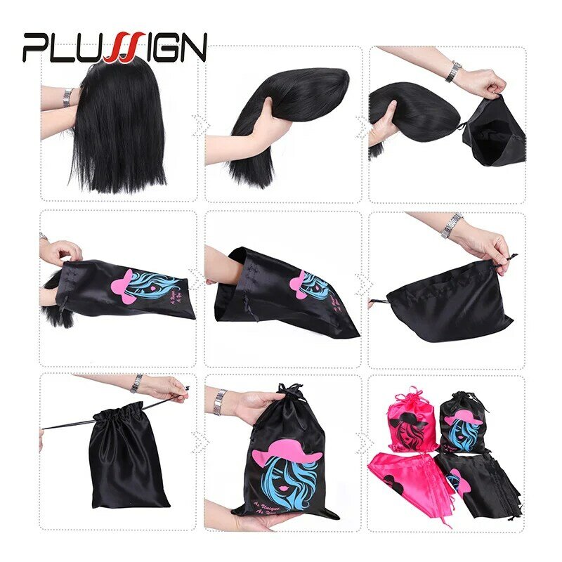 Tas Penyimpanan Satin untuk Rumah dan Salon Menggunakan 10*13.8 Inci Tas Wig Satin Hitam Merah Muda Tas Wig Sutra Lembut untuk Rambut Wig Alat Kemasan