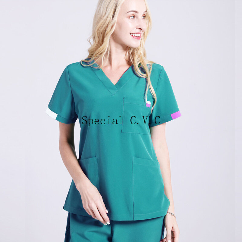 Puro algodón Scrub superior cuello en V manga corta uniformes médicos mujeres Color bloqueo quirúrgico camisa Plug Size médico Scrubs (una parte superior)