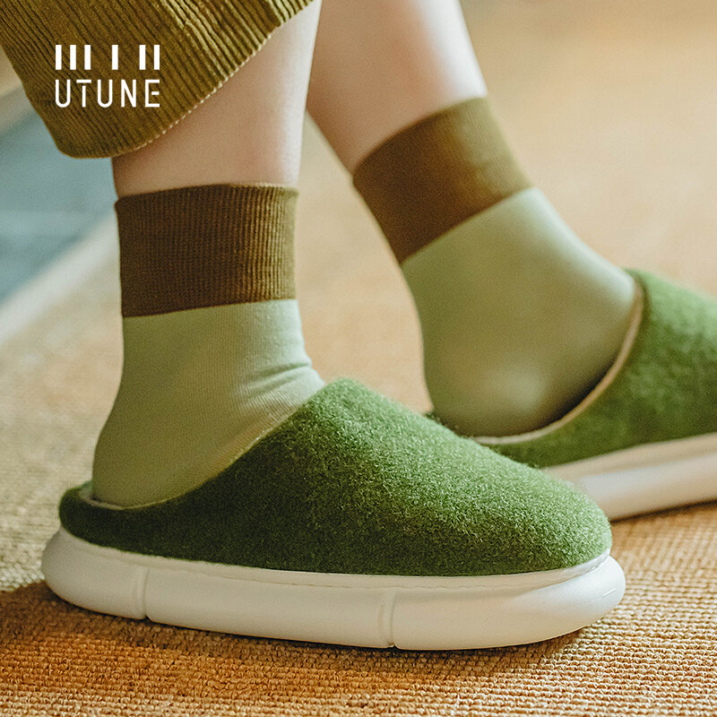 UTUNE 겨울 펠트 슬리퍼 남녀공용, 실내 가정용 신발, 따뜻한 EVA 소프트 플랫폼 신발, 모피 슬라이드, 녹색