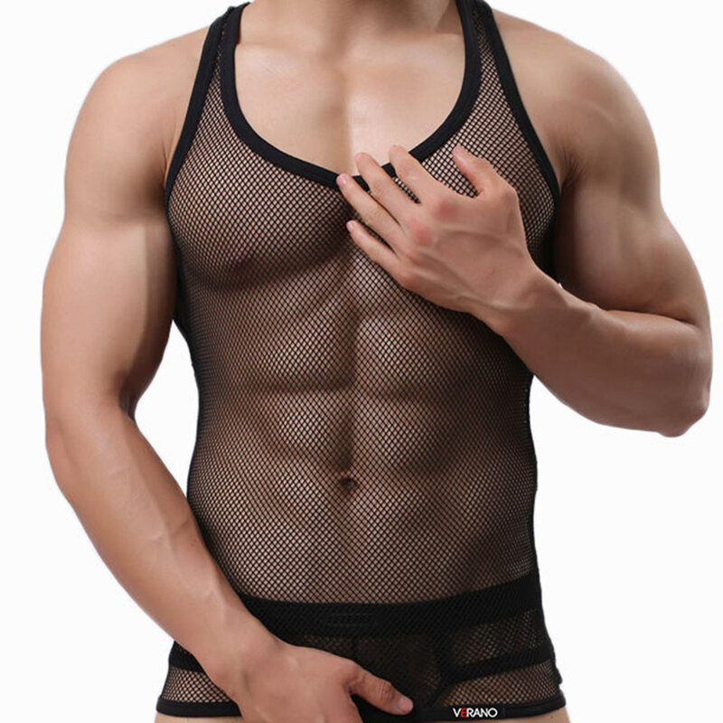 Sexy Ademend Hemdjes Fitness Mannen Kleding Nachtclub Party Spier Mannelijke Zie Hoewel T Shirts Workout Tank Tops Vesten Kleding